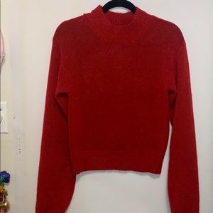 Red High Neck Cropped Sweater w/ Puff sleeve